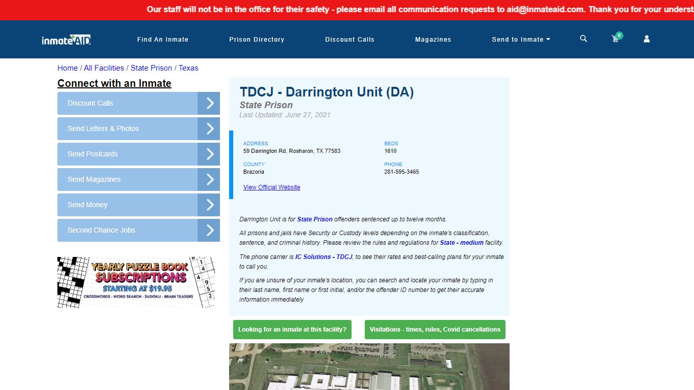 TDCJ - Darrington Unit (DA) & Inmate Search - Rosharon, TX