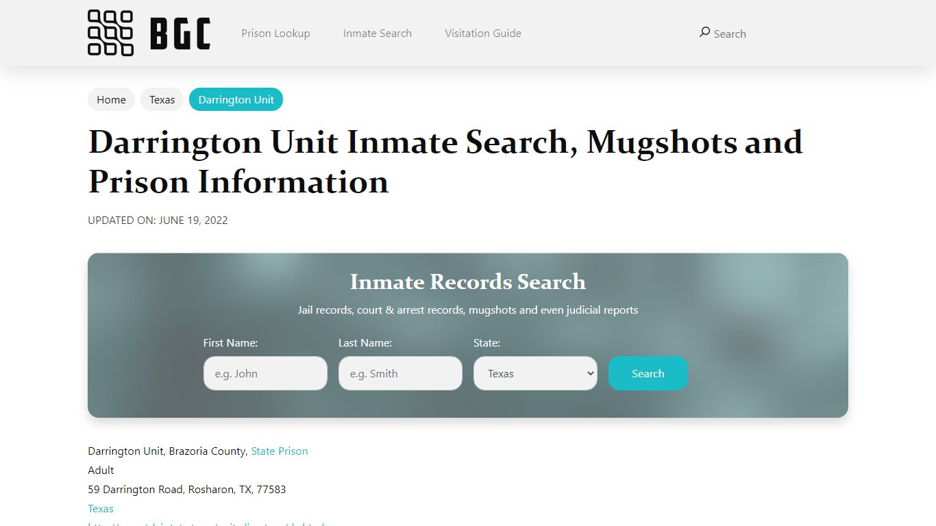 Darrington Unit Inmate Search, Mugshots , Visitation ...