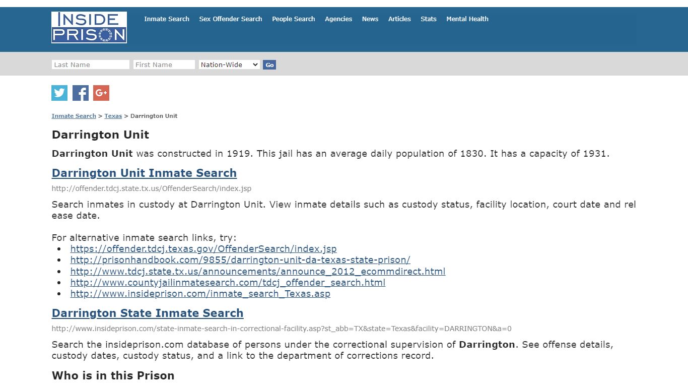 Darrington Unit - Texas - Inmate Search - Inside Prison